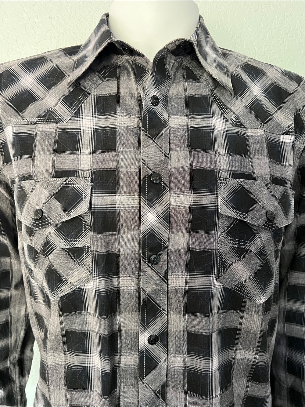 Rock Roll Denim Western Pearl Snap Shirt Gray Black Plaid Modern Fit Mens Med